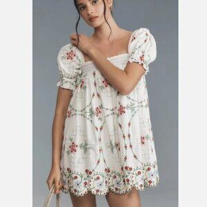 Anthropologie DAMSON MADDER Lulu Embroidered Mini Dress Smocked US 4 UK 10